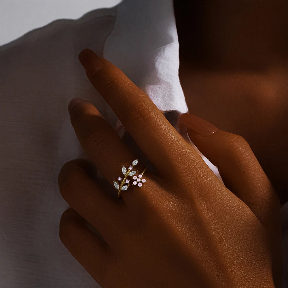 Flower Leaf Crystal Ring – Whimsical Elegance