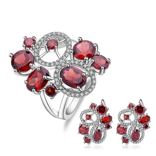 Stunning Red Garnet Abstract Flower Jewelry Set