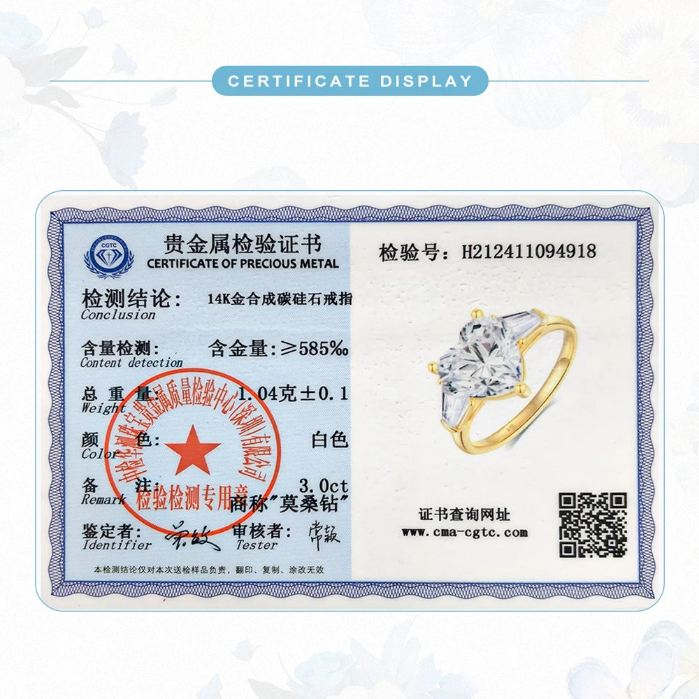 Real 14K Gold Heart 3ct Moissanite Ring