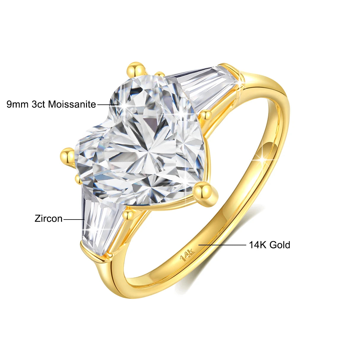 Real 14K Gold Heart 3ct Moissanite Ring