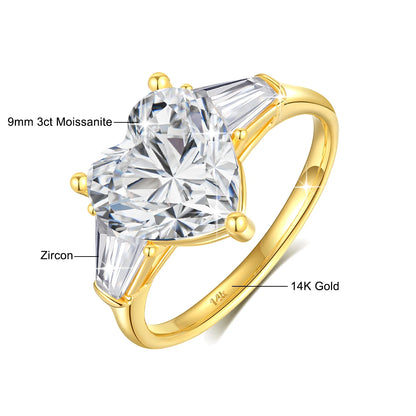 Real 14K Gold Heart 3ct Moissanite Ring