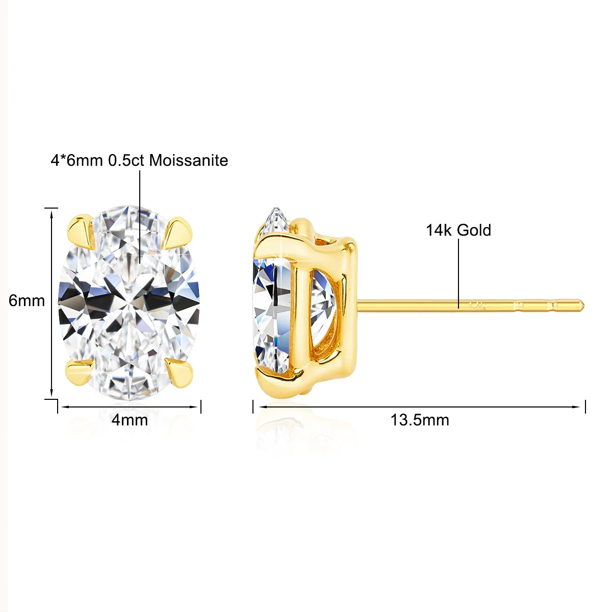 Classic 14K Gold Oval Cut Moissanite Stud Earrings