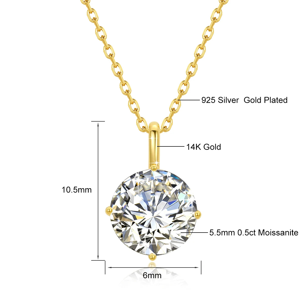Real 14K Gold Moissanite Pendant Necklace