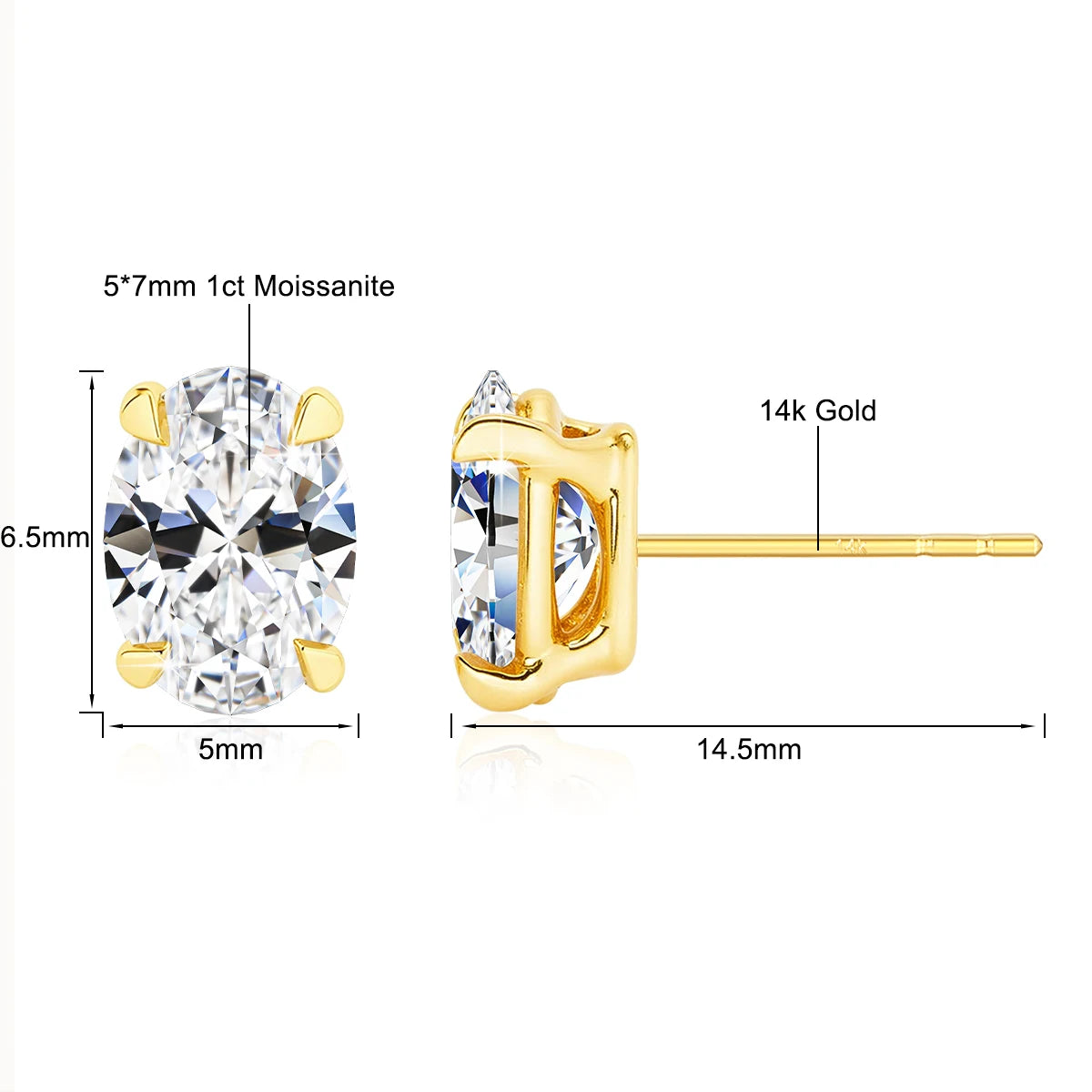 Classic 14K Gold Oval Cut Moissanite Stud Earrings